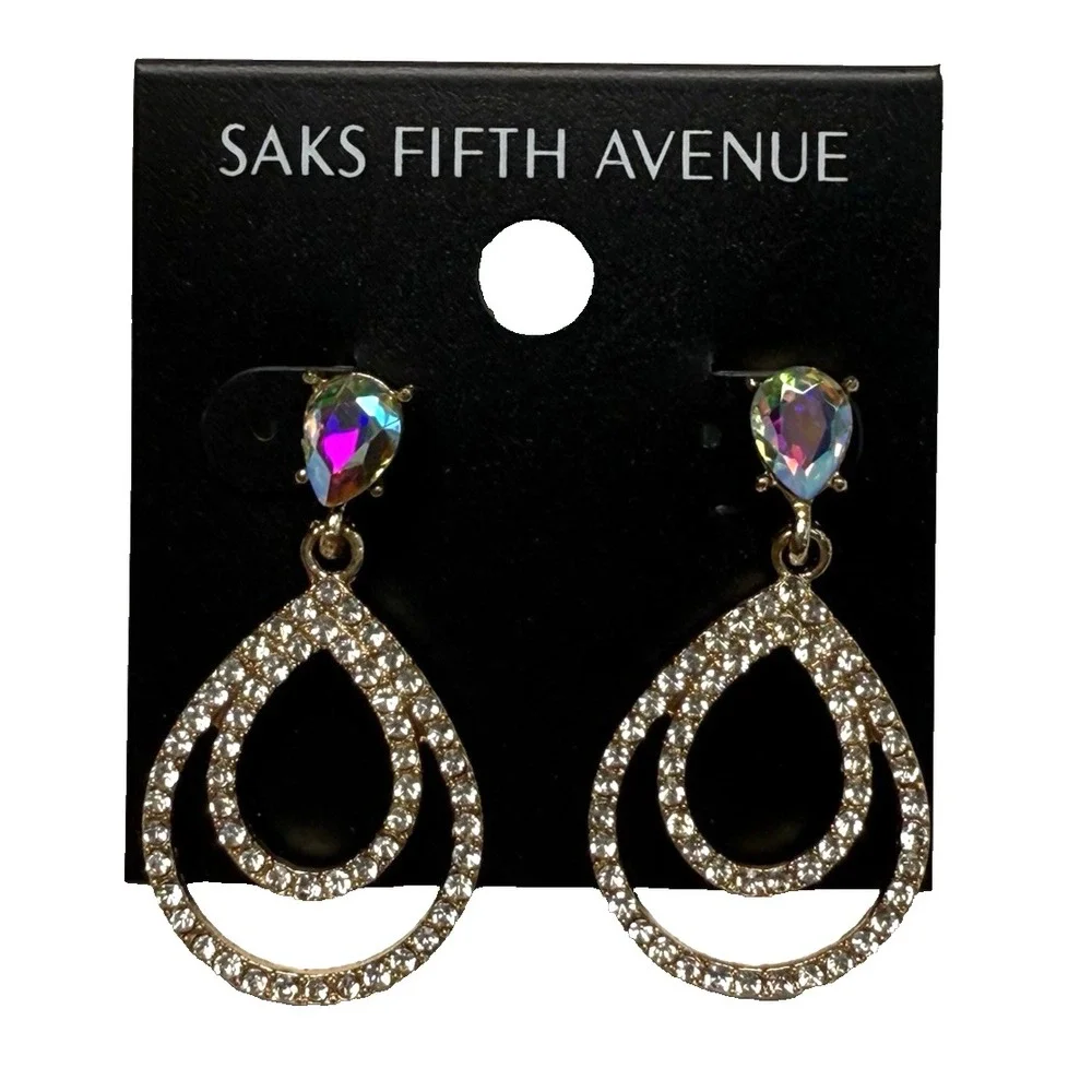 Saks Fifth Avenue Gold Tone AB Crystal Rhinestone Teardrop Dangle Earrings Glam